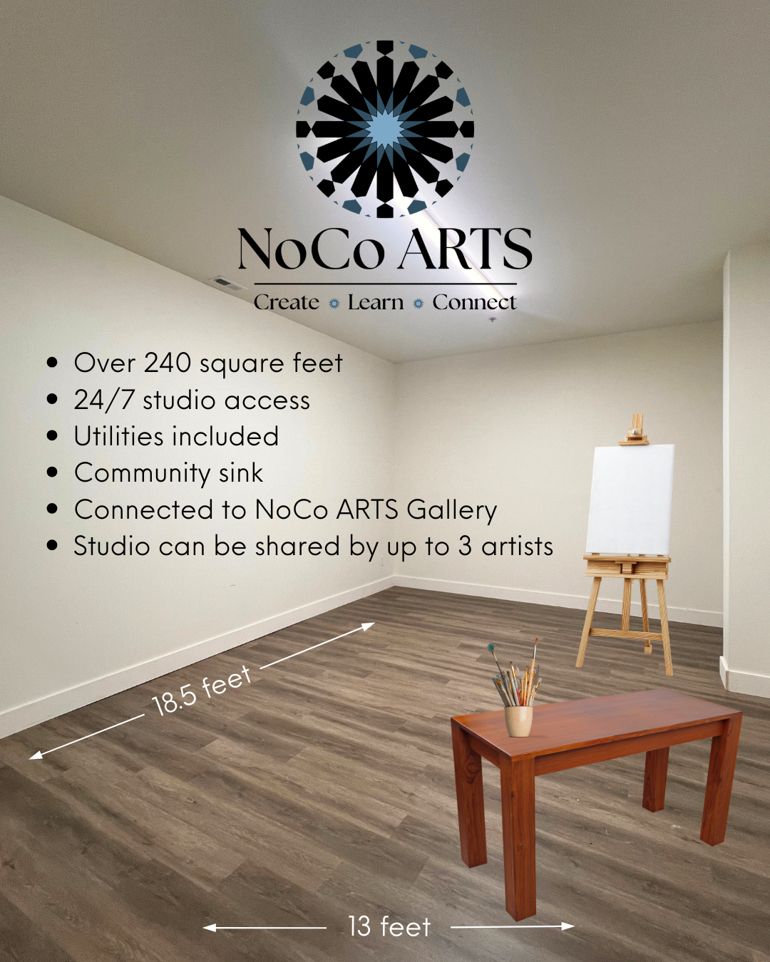 Dimensions of available artist studio for rent at NoCo ARTS gallery in Newton, NC.