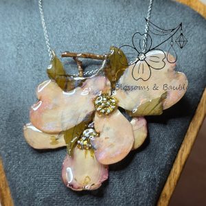 Double dogwood blossom necklace with gold leaf