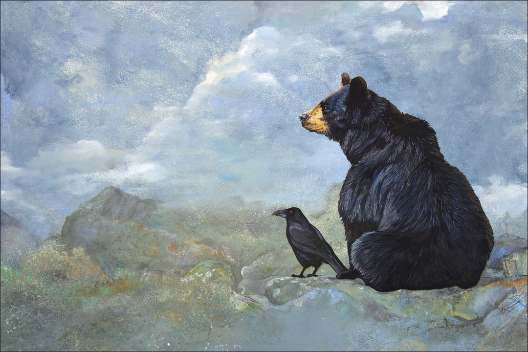 Under a turbulent sky, Old Grandfather Bear and his long‑time friend Raven look out upon an ever changing landscape
