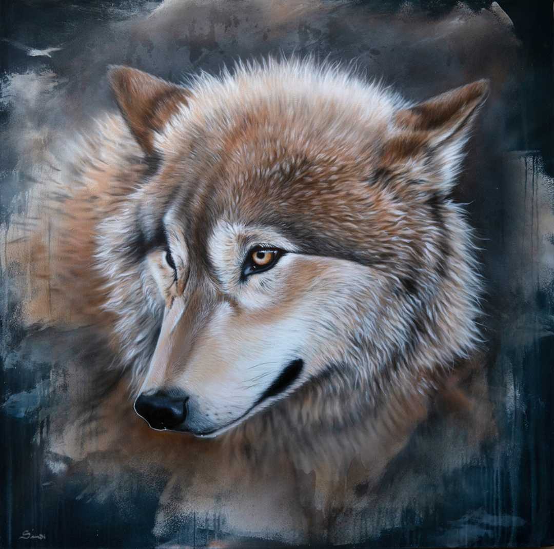 Wolf portrait painting with tan and white fur, amber eye, dark background