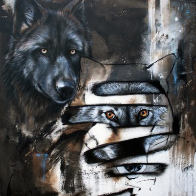 Painting featuring black wolves with amber eyes stacked horizontally