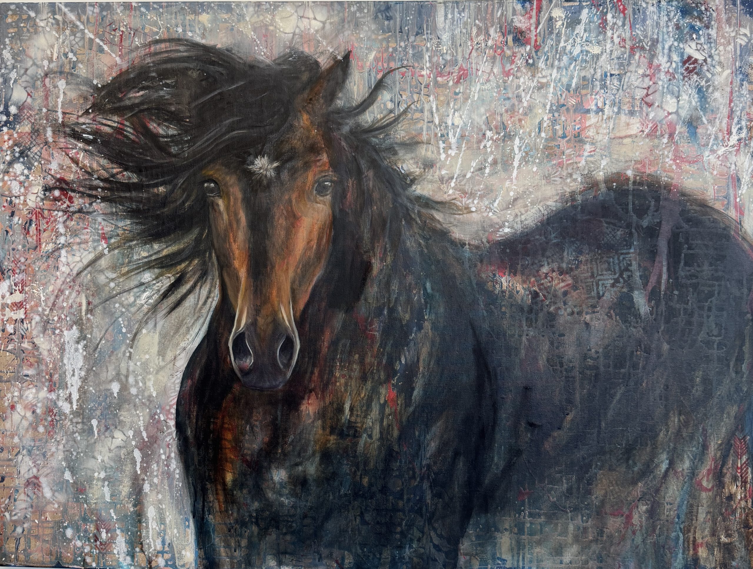 An abstract realism mixed media painting of a powerful, sassy horse.
