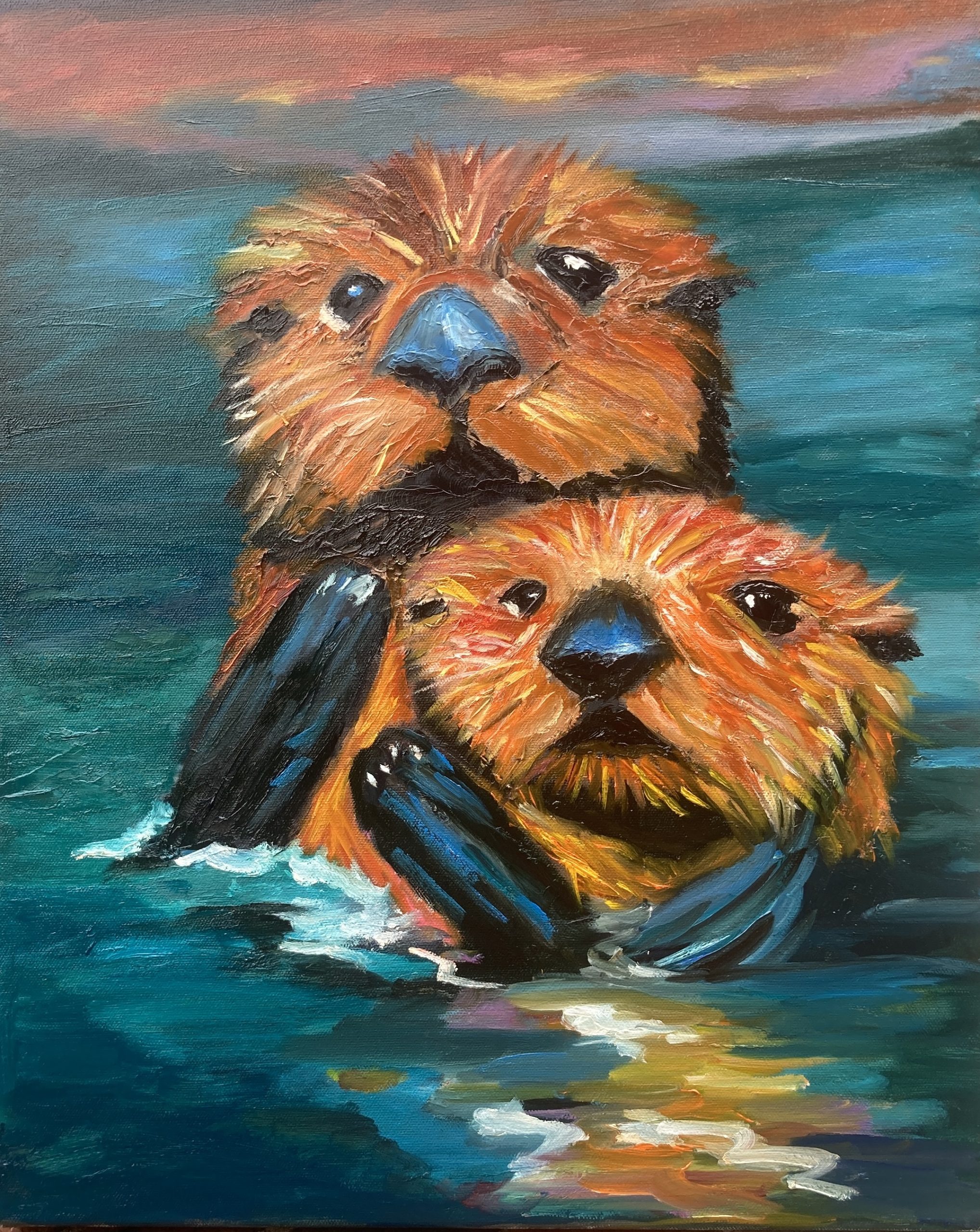 Expressive oil painting of an adult otter holding a young otter close in teal-blue water. Their vivid orange fur glows beneath a colorful sunset sky.