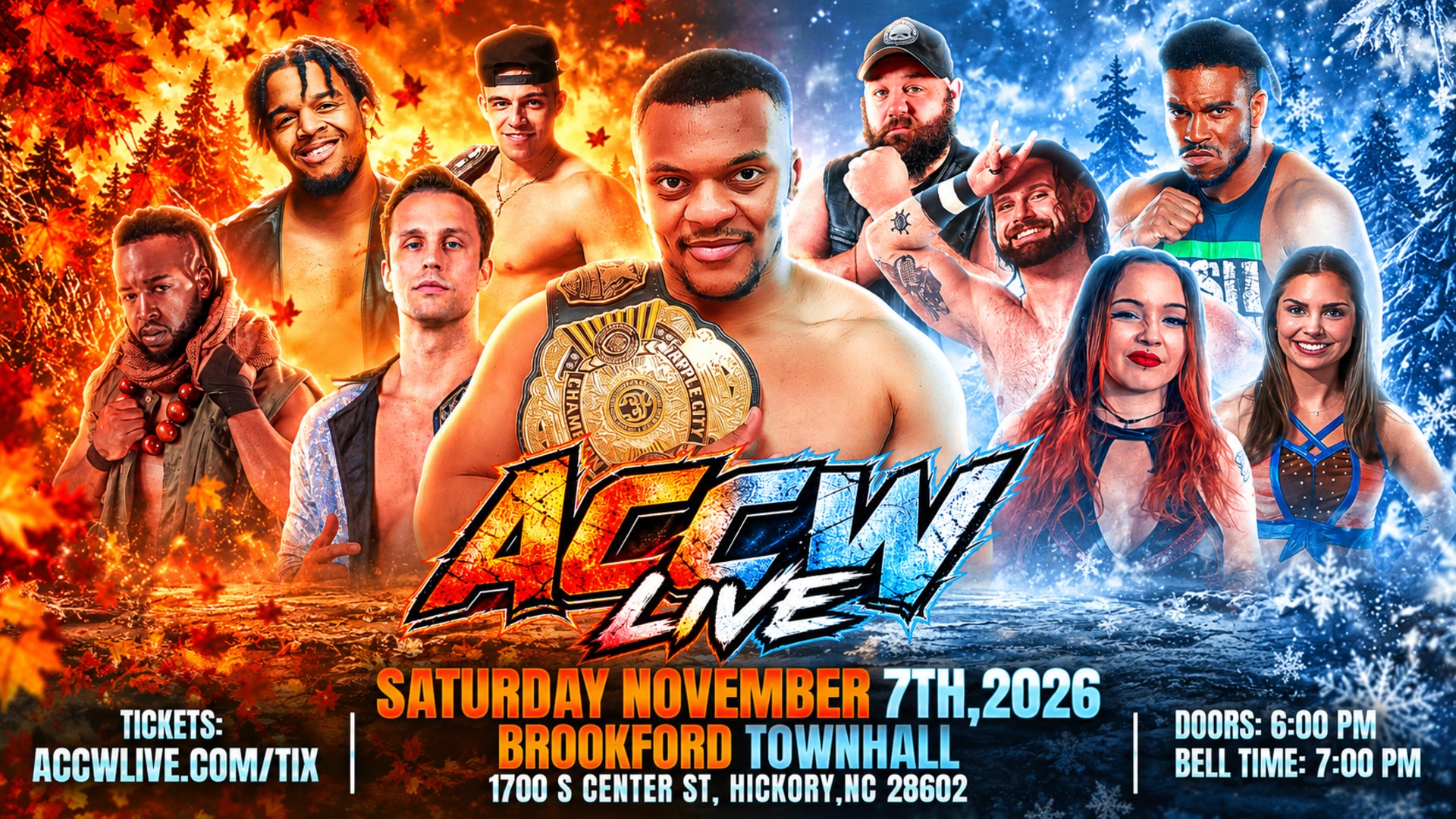 ACG Live professional wrestling event poster featuring multiple wrestlers, championship belt, fire and ice design elements…